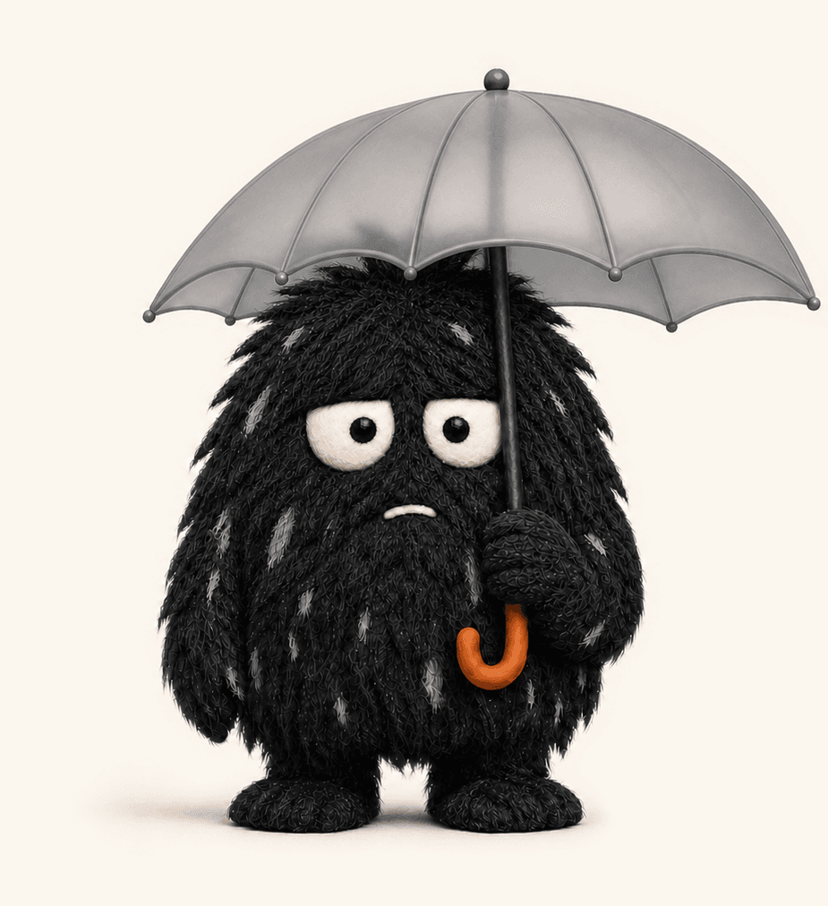 Riff, a shaggy dark creature, sheltering under a grey umbrella with an orange handle.